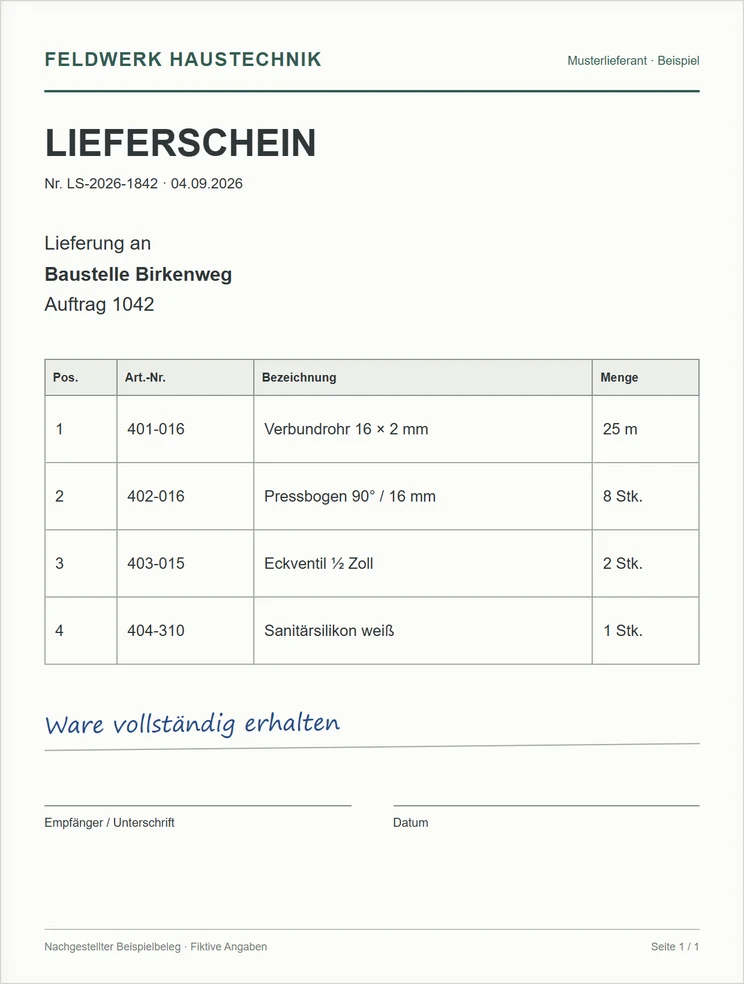 Nachgestellter Lieferschein mit Rohr, Pressbogen, Eckventil und Sanitärsilikon