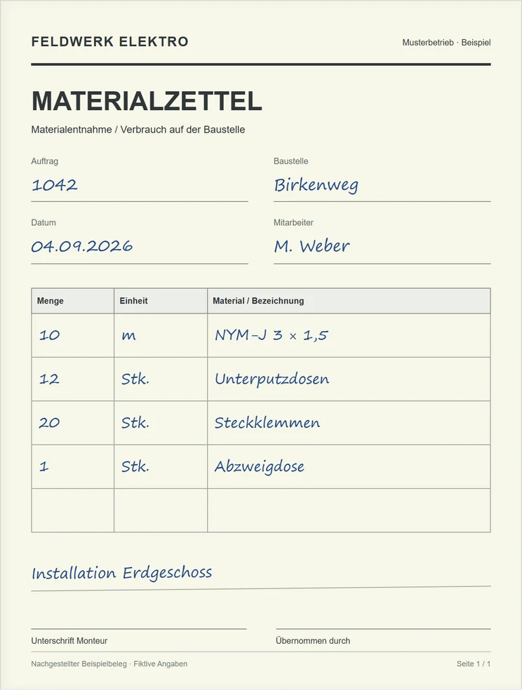 Nachgestellter Elektro-Materialzettel mit Kabel, Unterputzdosen und Steckklemmen