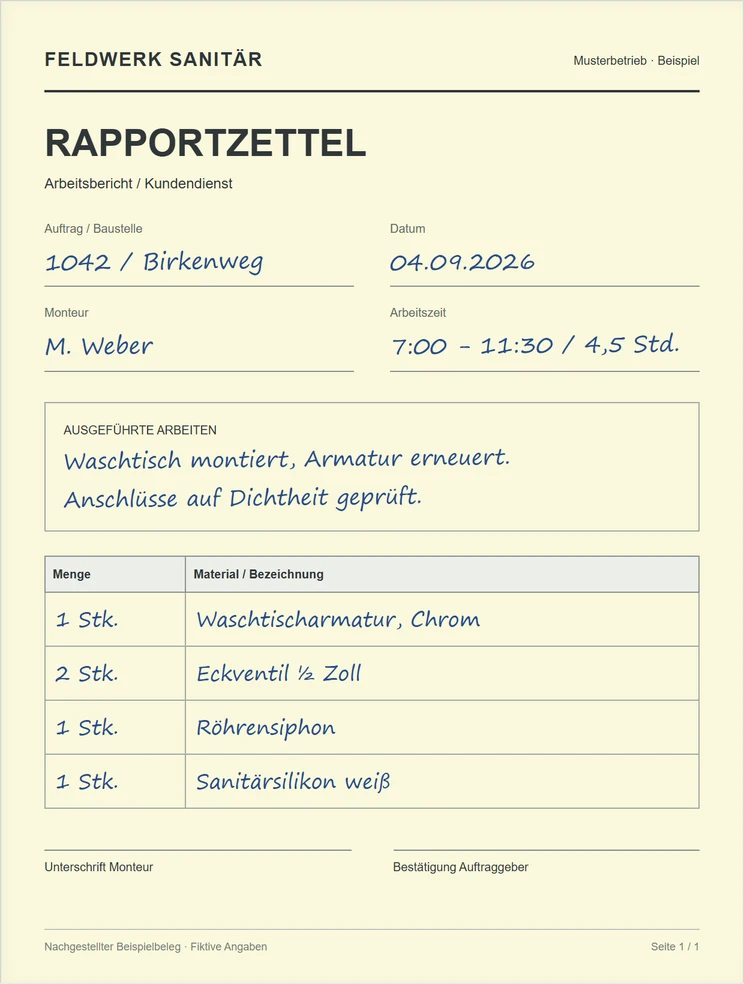 Nachgestellter SHK-Arbeitsbericht mit handschriftlichen Leistungen und Materialpositionen