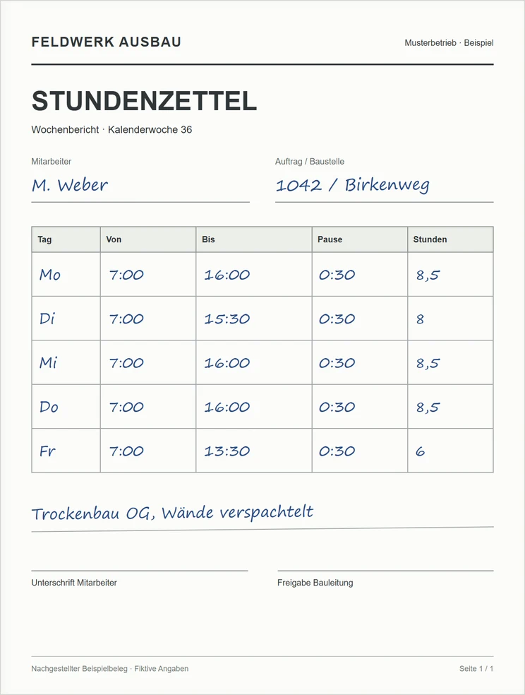 Nachgestellter Stundenzettel mit handschriftlichen Arbeitszeiten für eine Woche